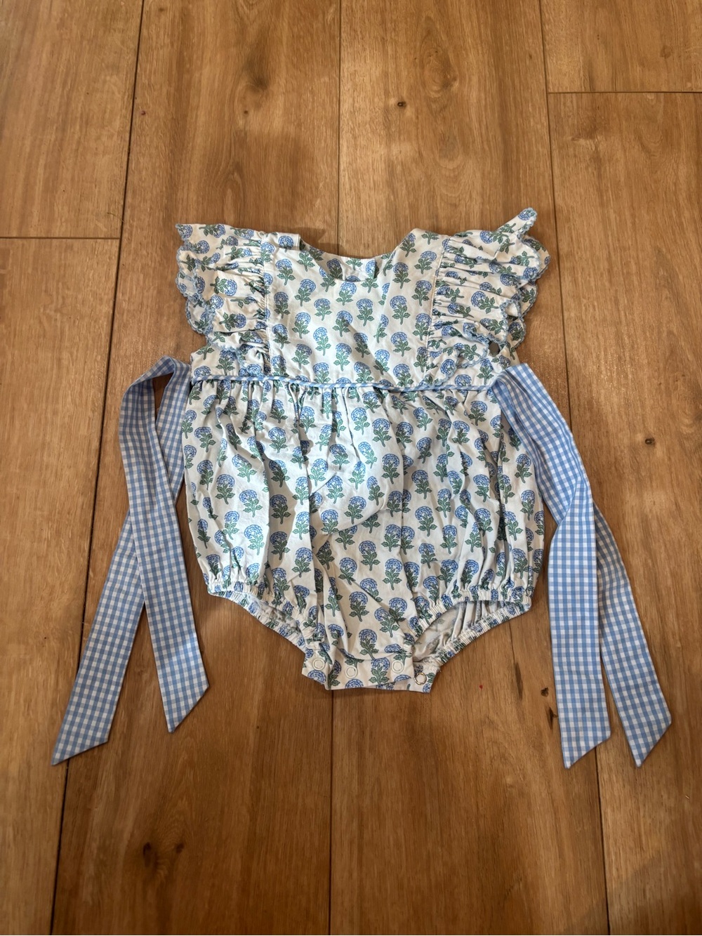 6M Shrimp & Grits Kids Blue Floral Ruffle Baby Romper with Gingham Ties
